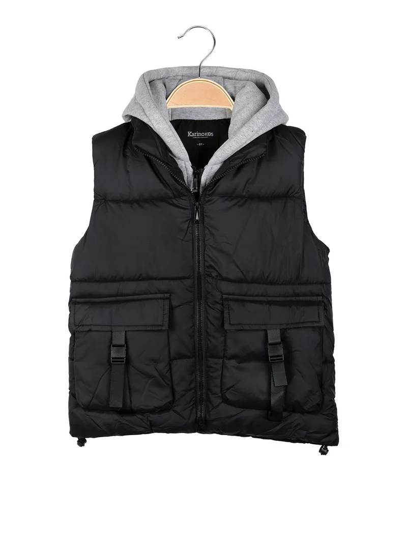 Gilet imbottito da bambino con cappuccio e doppia zip - nero