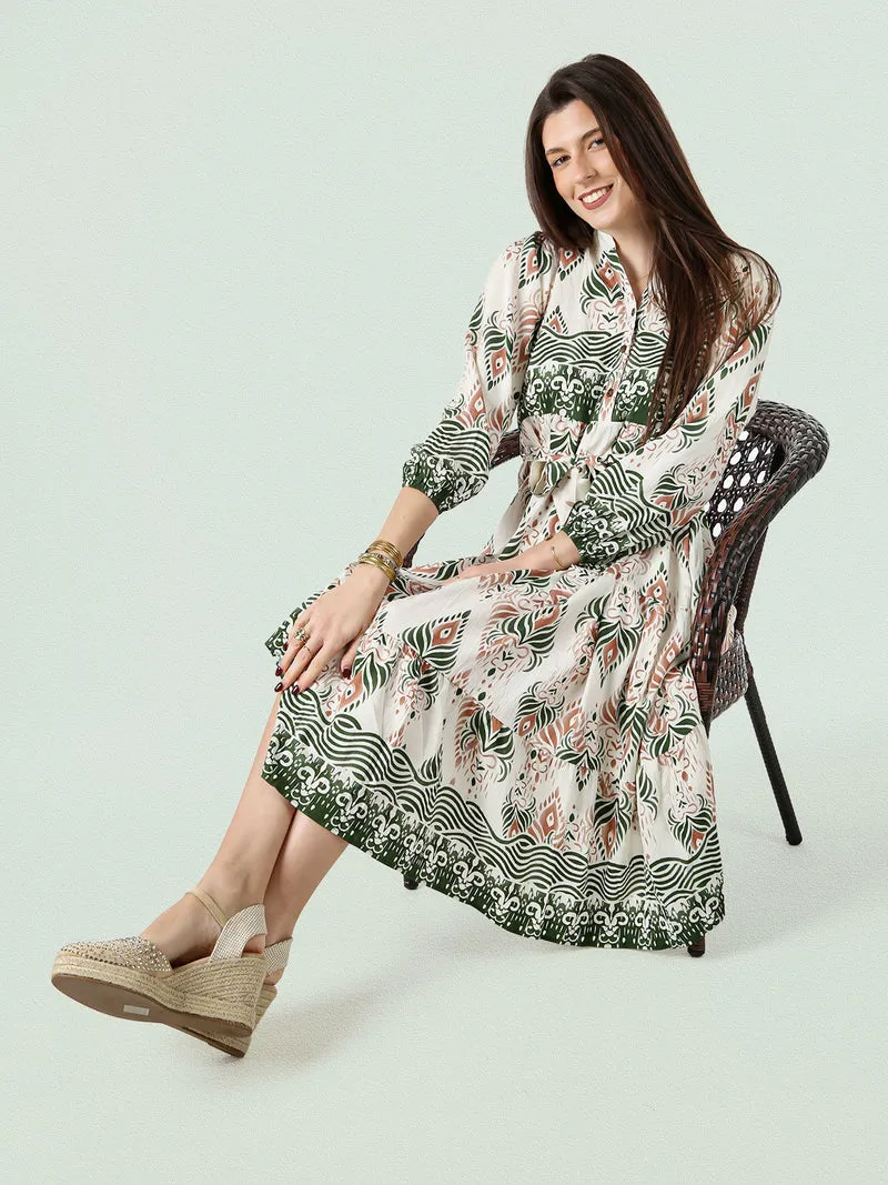 Abito lungo da donna con stampe e maniche lunghe - verde