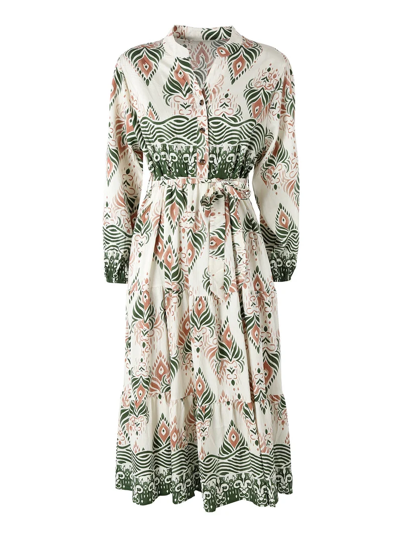 Abito lungo da donna con stampe e maniche lunghe - verde