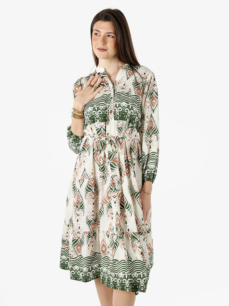 Abito lungo da donna con stampe e maniche lunghe - verde