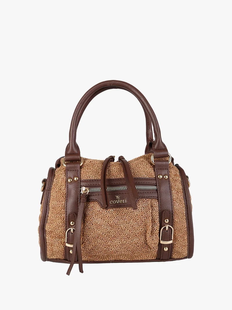 Borsa mini da donna in maglia intrecciata con doppi manici e dettagli in ecopelle - marrone