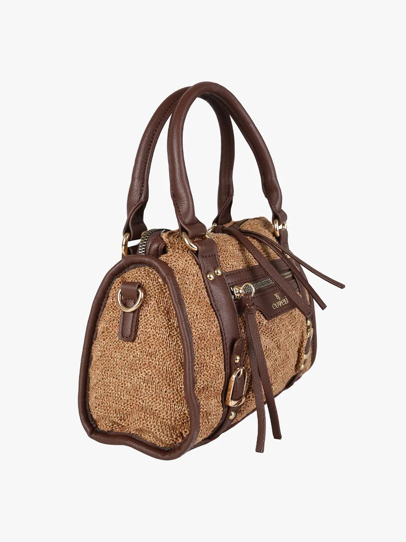 Borsa mini da donna in maglia intrecciata con doppi manici e dettagli in ecopelle - marrone