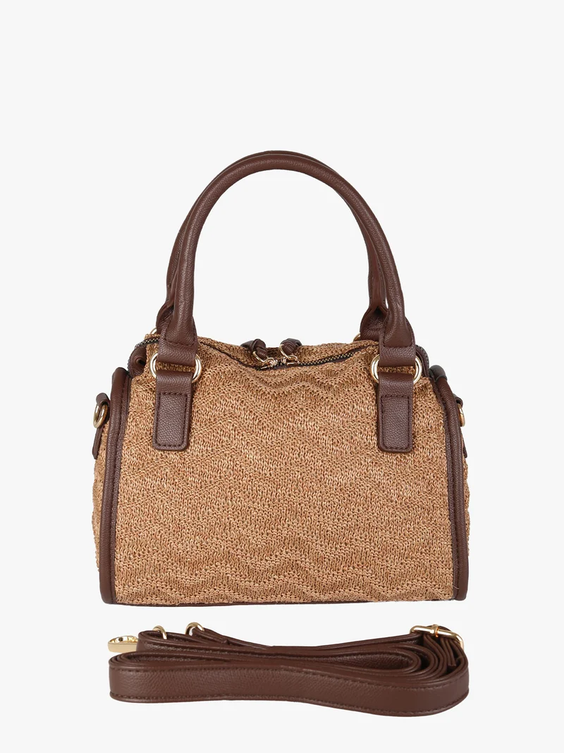 Borsa mini da donna in maglia intrecciata con doppi manici e dettagli in ecopelle - marrone