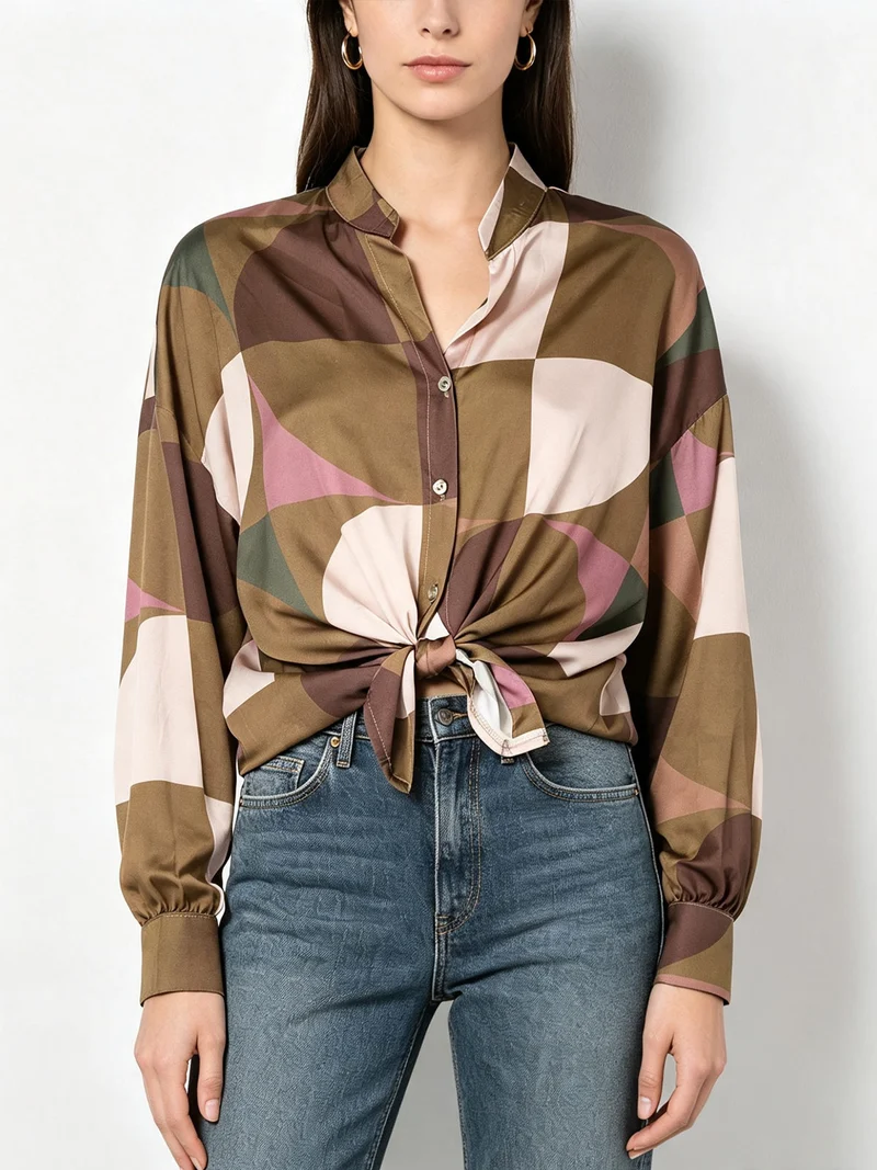 Camicia donna a maniche lunghe annodata sul fondo - oliva