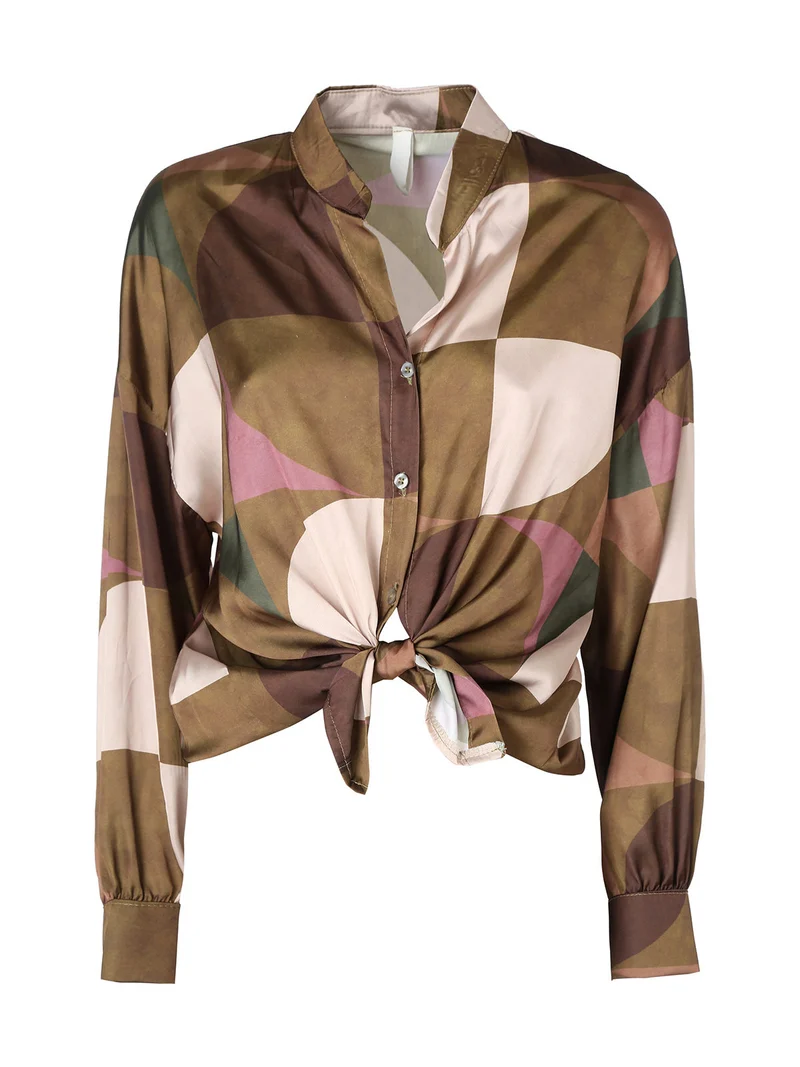 Camicia donna a maniche lunghe annodata sul fondo - oliva