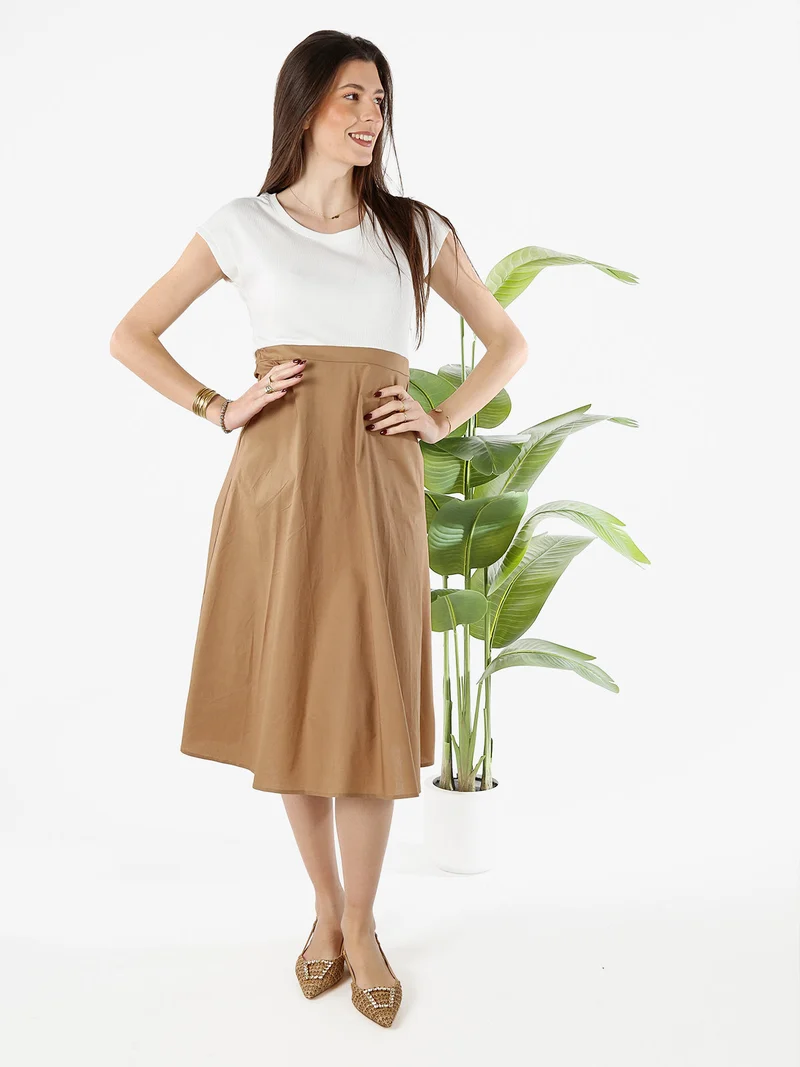 Abito donna a maniche corte con parte alta a costine - khaki