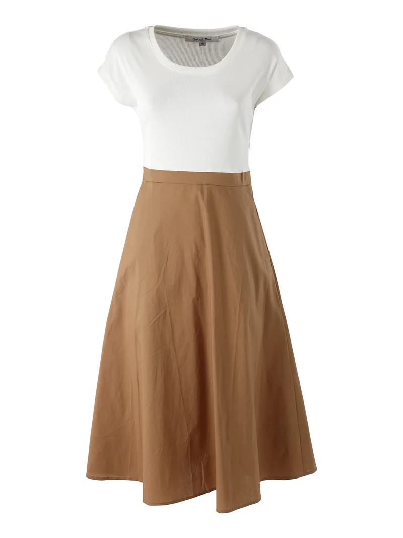 Abito donna a maniche corte con parte alta a costine - khaki