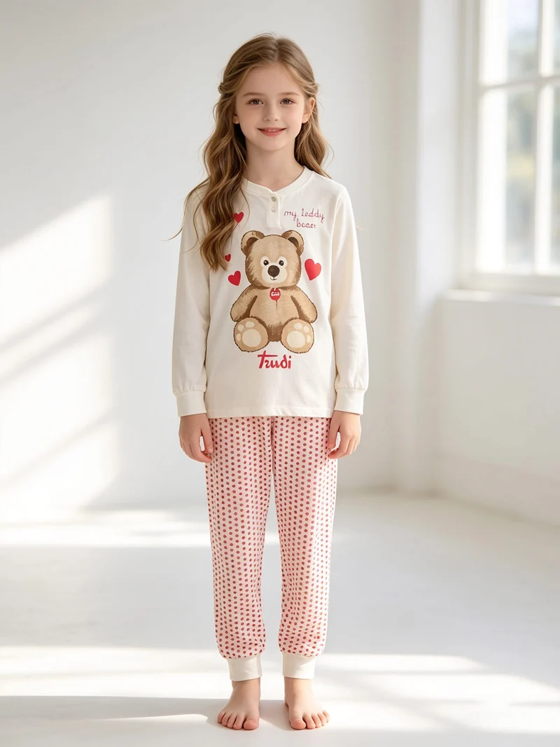 Pigiama lungo da bambina in cotone - panna