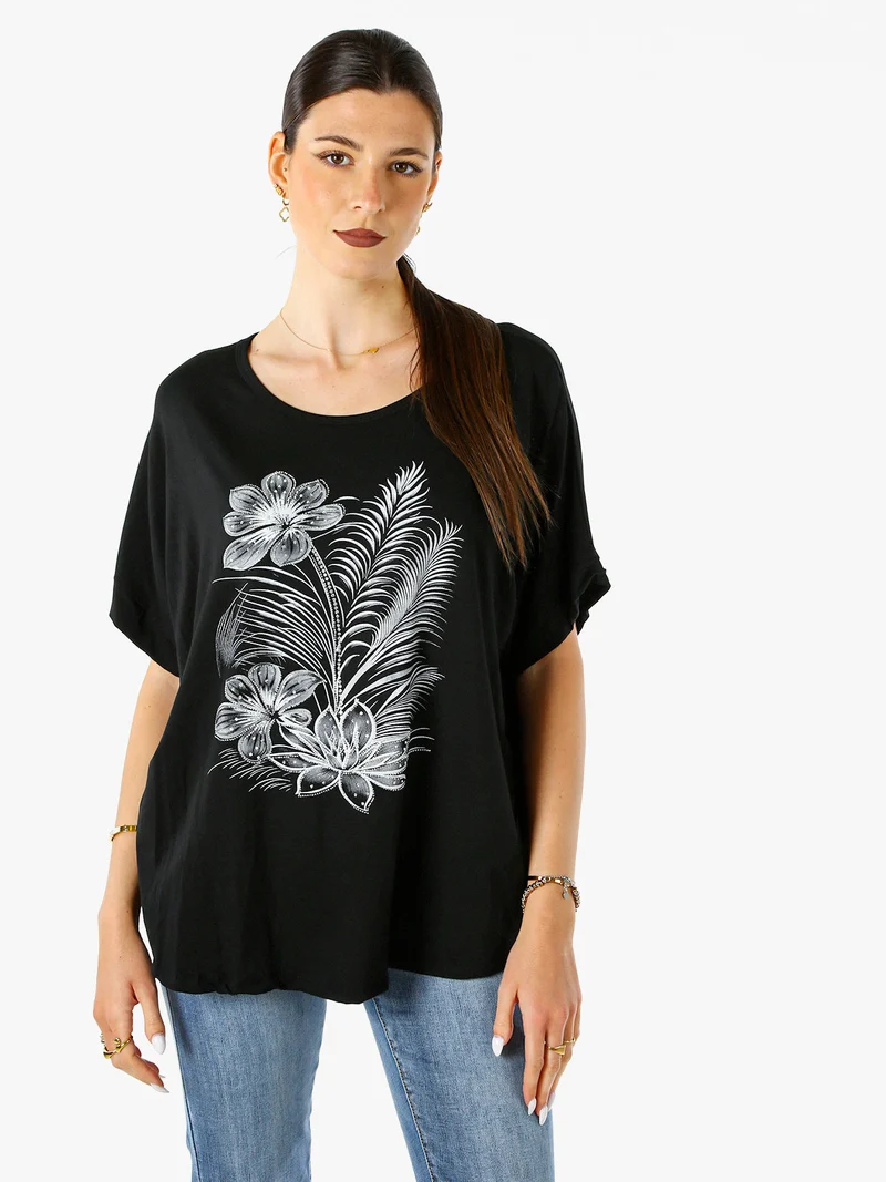 Maxi t-shirt donna in viscosa con stampa fiori e dettagli micro borchie - nero