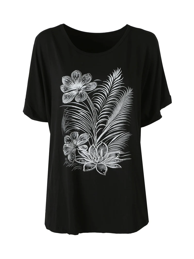 Maxi t-shirt donna in viscosa con stampa fiori e dettagli micro borchie - nero