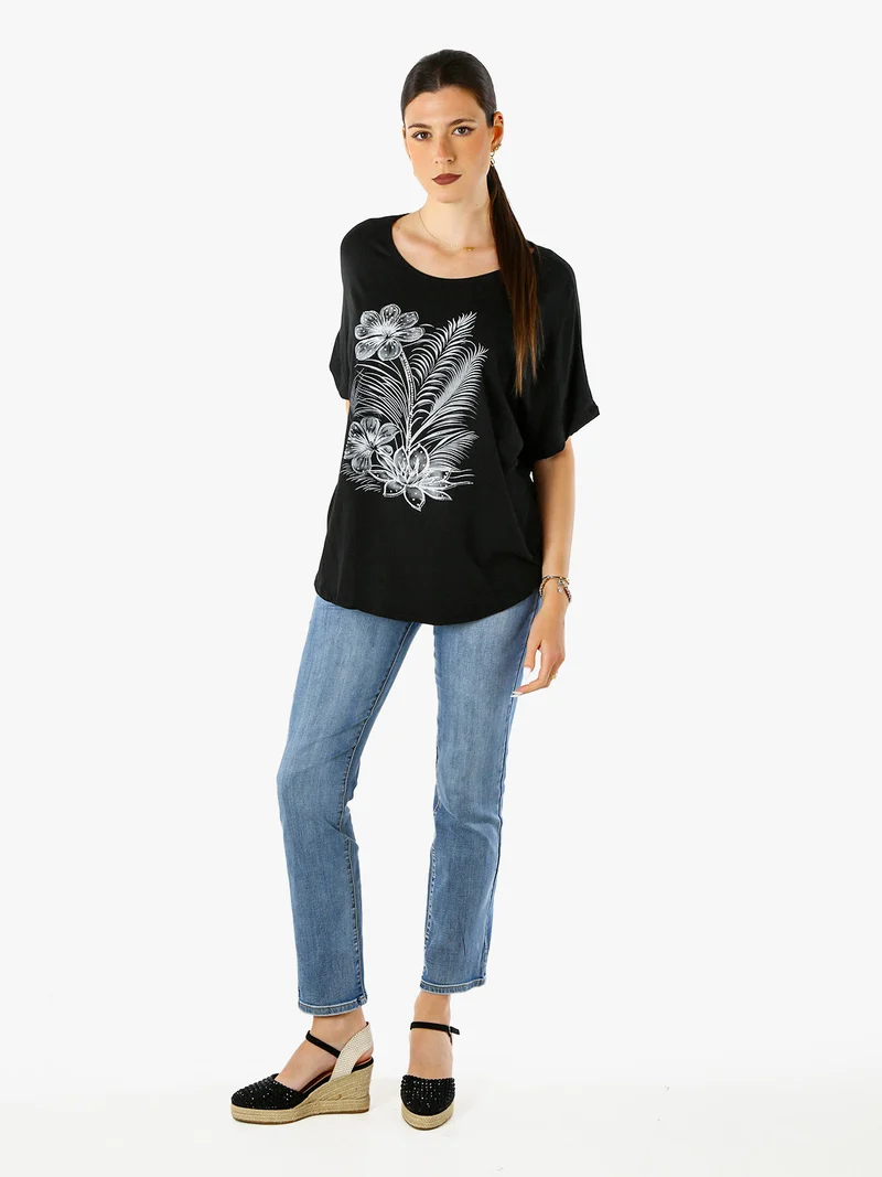 Maxi t-shirt donna in viscosa con stampa fiori e dettagli micro borchie - nero