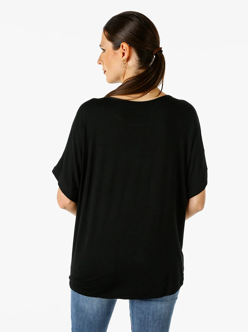 Maxi t-shirt donna in viscosa con stampa fiori e dettagli micro borchie - nero