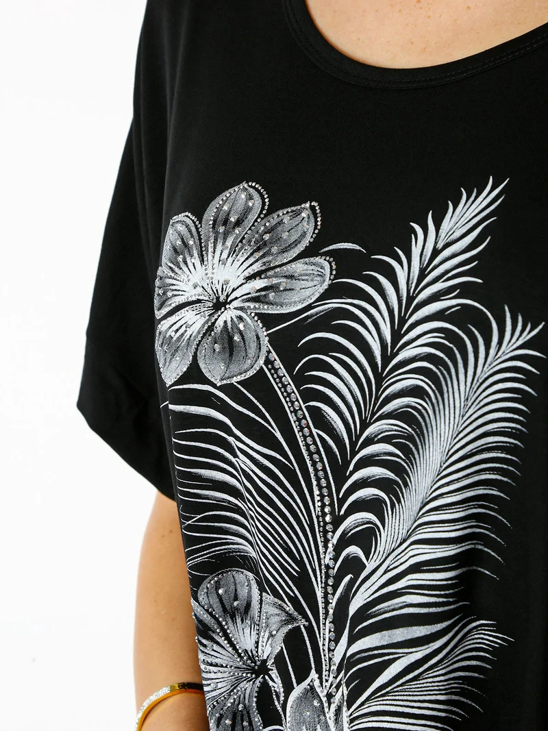 Maxi t-shirt donna in viscosa con stampa fiori e dettagli micro borchie - nero