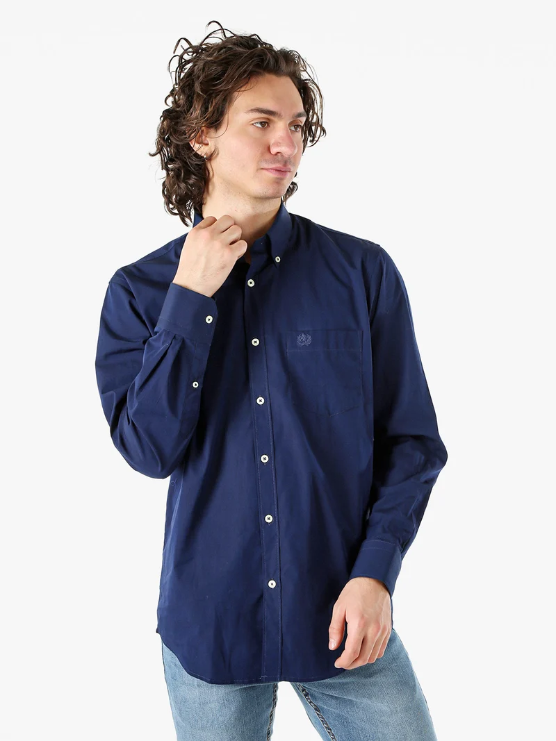 Camicia da uomo in cotone a maniche lunghe con taschino - blu scuro