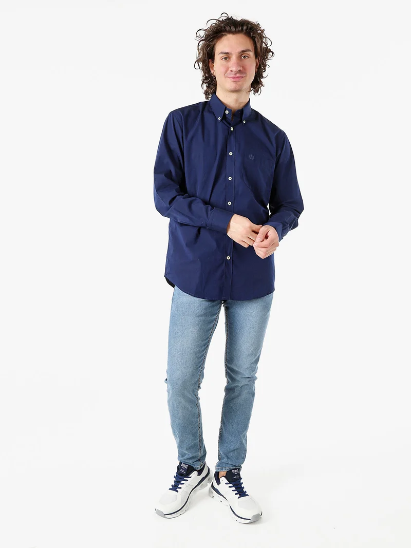 Camicia da uomo in cotone a maniche lunghe con taschino - blu scuro