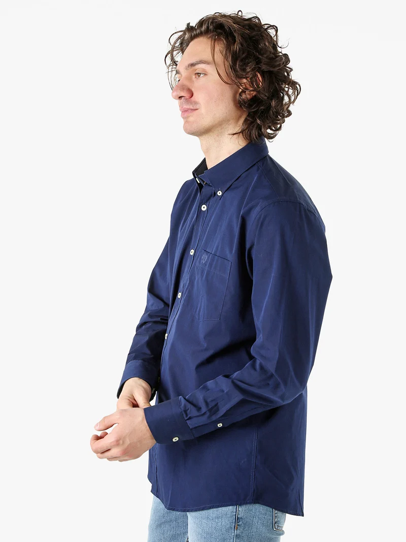 Camicia da uomo in cotone a maniche lunghe con taschino - blu scuro