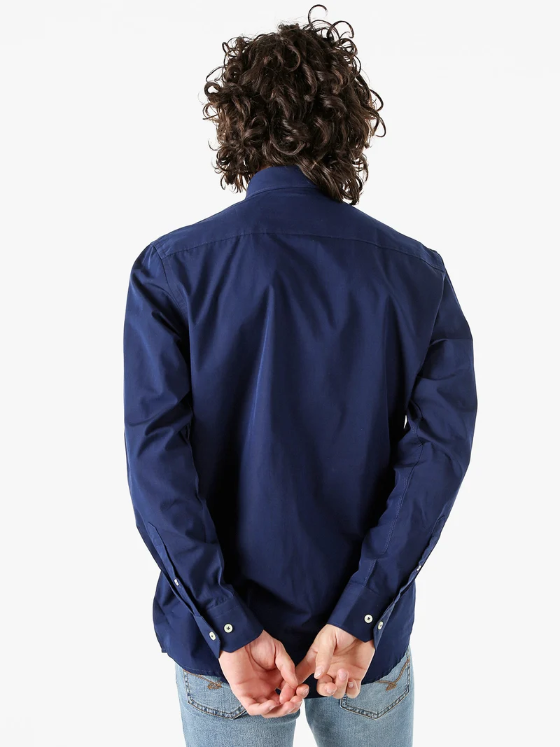 Camicia da uomo in cotone a maniche lunghe con taschino - blu scuro