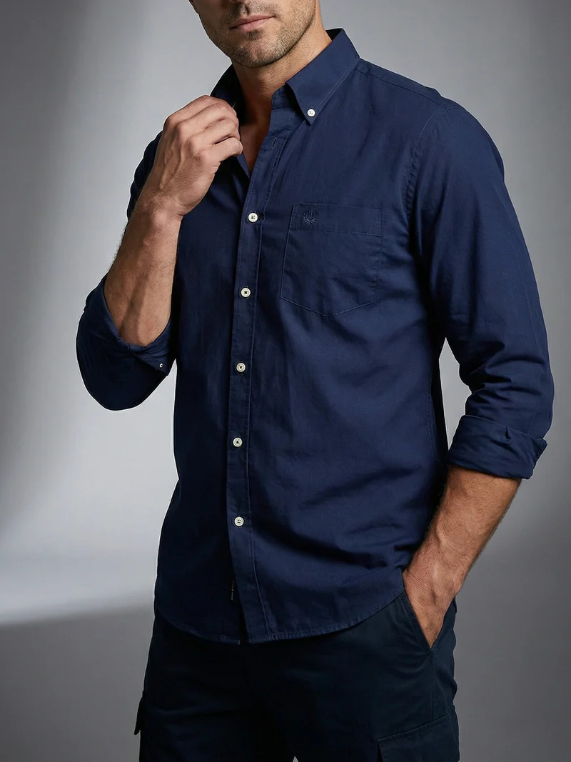 Camicia da uomo in cotone a maniche lunghe con taschino - blu scuro