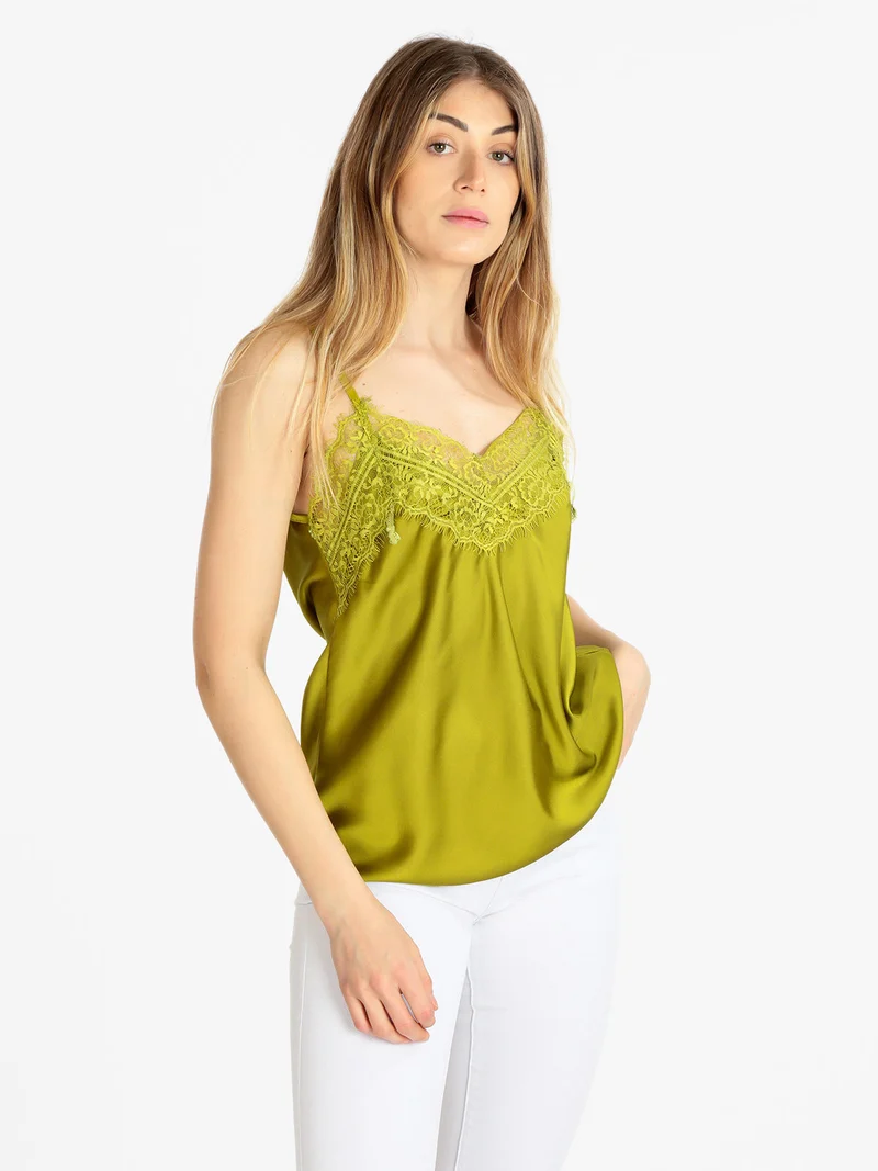Top donna effetto raso con pizzo - oliva