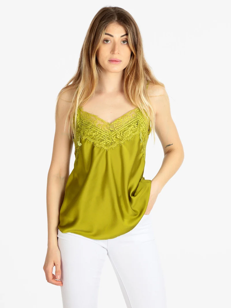 Top donna effetto raso con pizzo - oliva