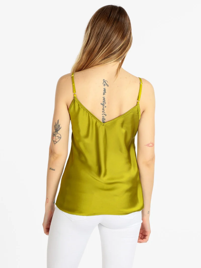 Top donna effetto raso con pizzo - oliva
