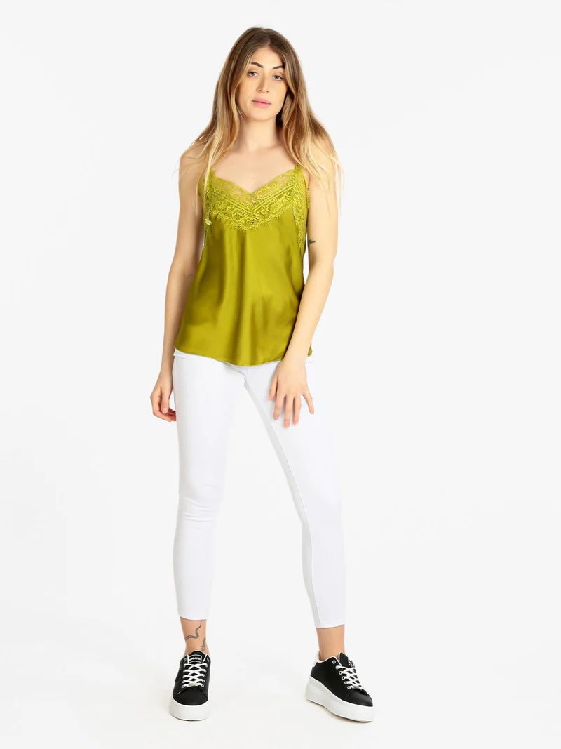 Top donna effetto raso con pizzo - oliva