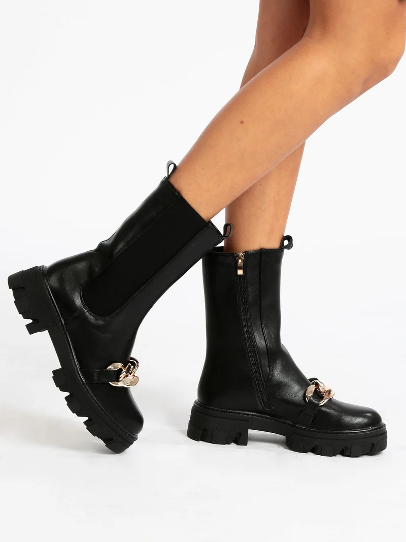 Stivaletti donna chelsea con catena - nero