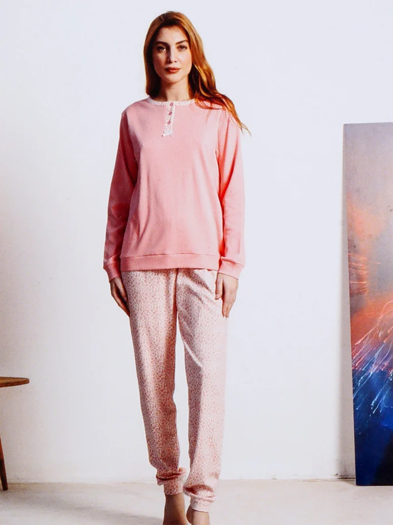 Pigiama lungo donna in cotone interlock - rosa
