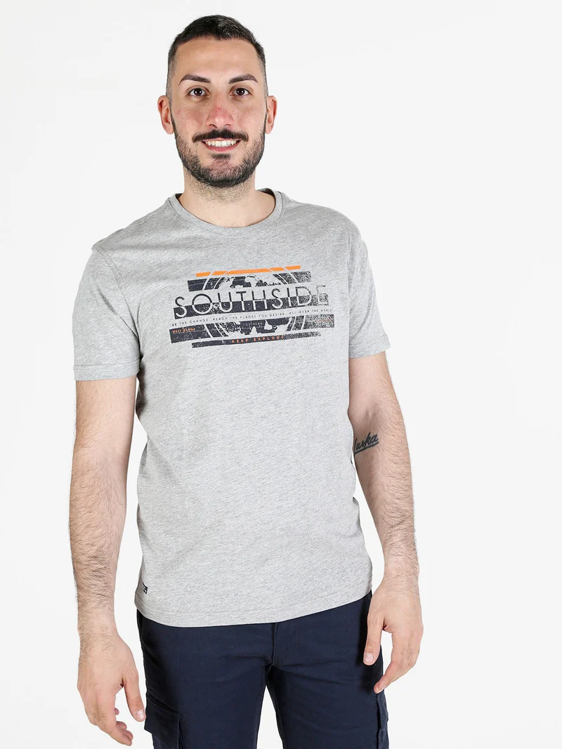 T-shirt girocollo da uomo in cotone con stampa - grigio