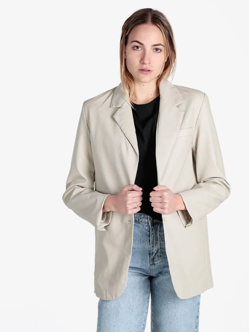 Giacca donna in ecopelle con bottoni - perla