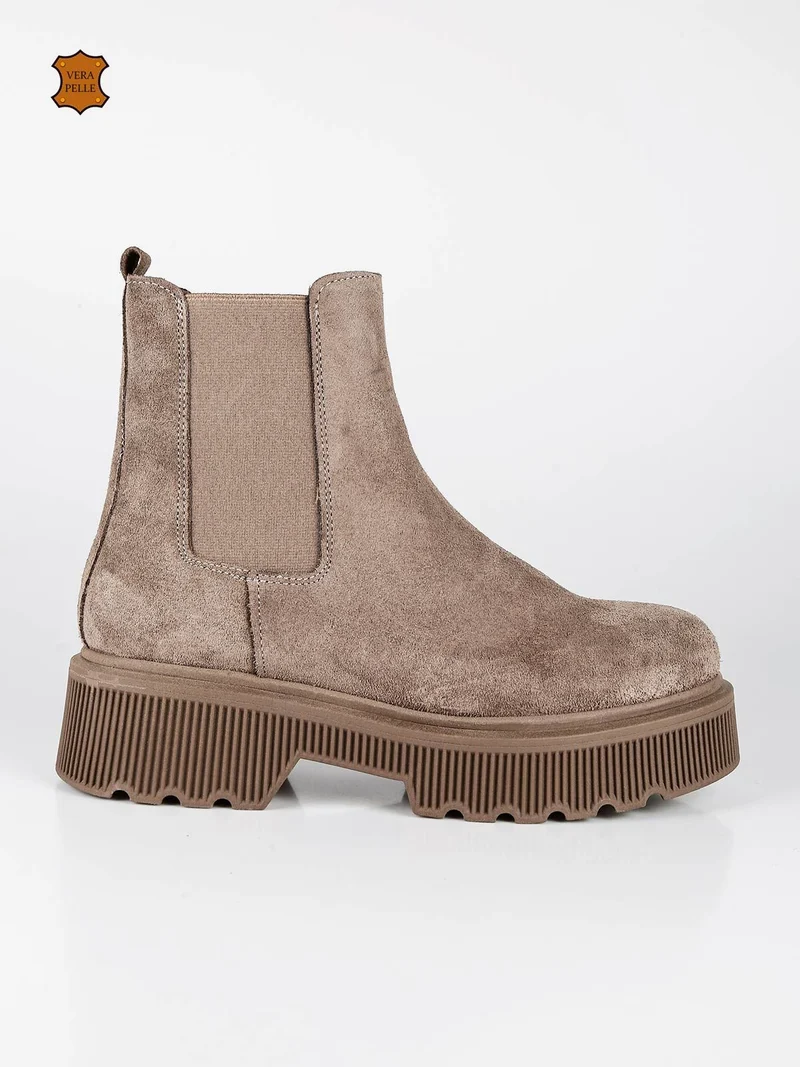 Stivaletti in pelle scamosciata chelsea con tacco e plateau - taupe