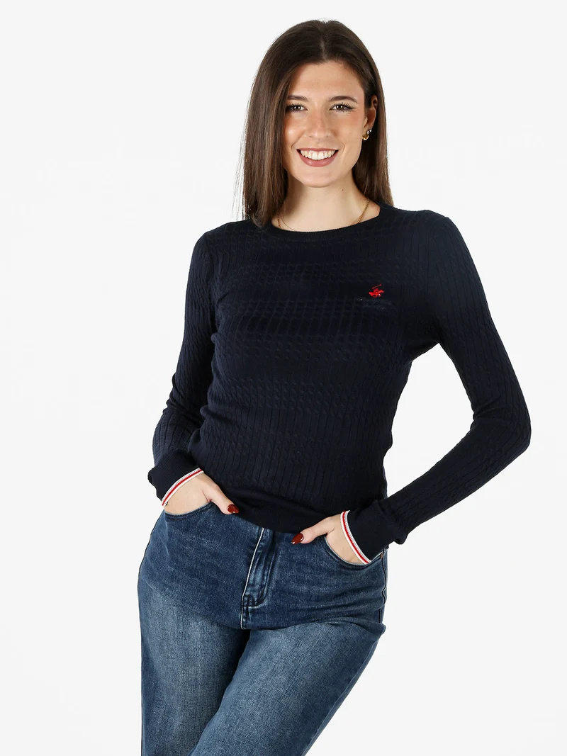 Pullover girocollo donna in maglia intrecciata - blu scuro