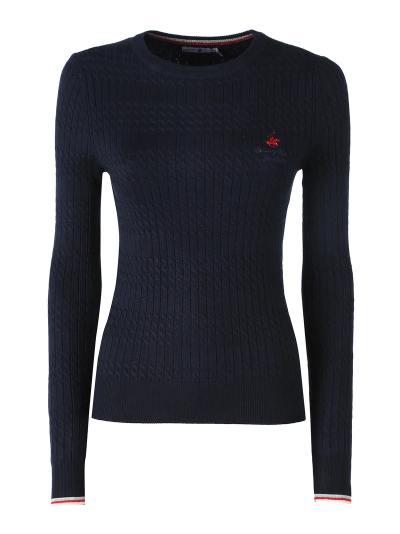 Pullover girocollo donna in maglia intrecciata - blu scuro