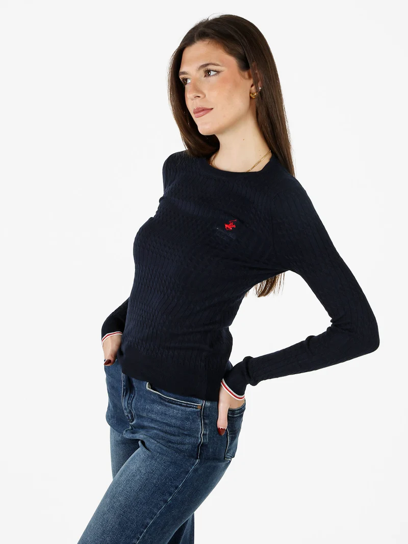 Pullover girocollo donna in maglia intrecciata - blu scuro
