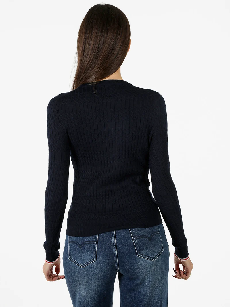 Pullover girocollo donna in maglia intrecciata - blu scuro