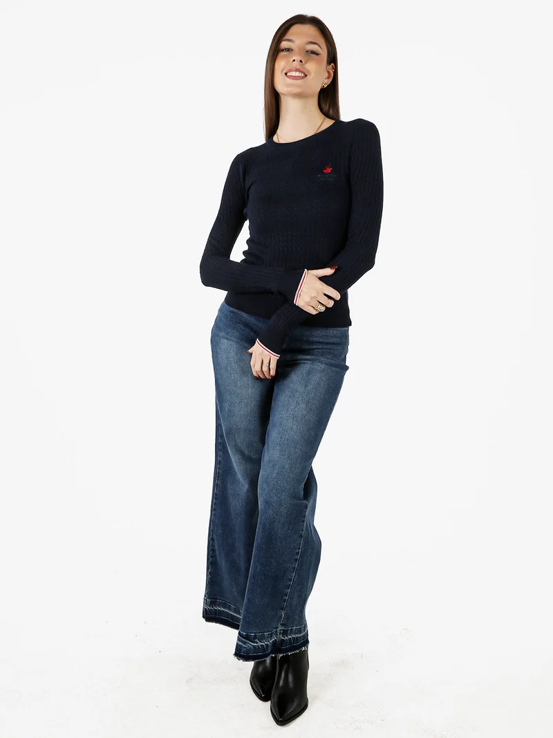Pullover girocollo donna in maglia intrecciata - blu scuro