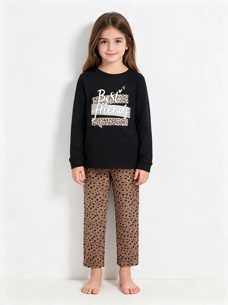 Completo da bambina 2 pezzi con pantaloni maculati gamba larga - nero