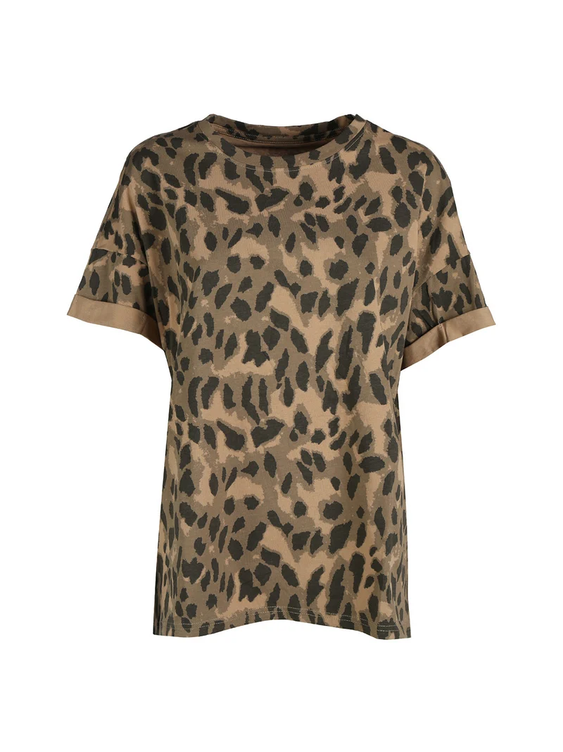 T-shirt donna ovesize con stampa animalier - khaki