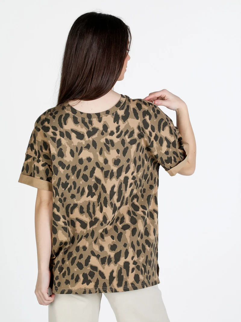 T-shirt donna ovesize con stampa animalier - khaki