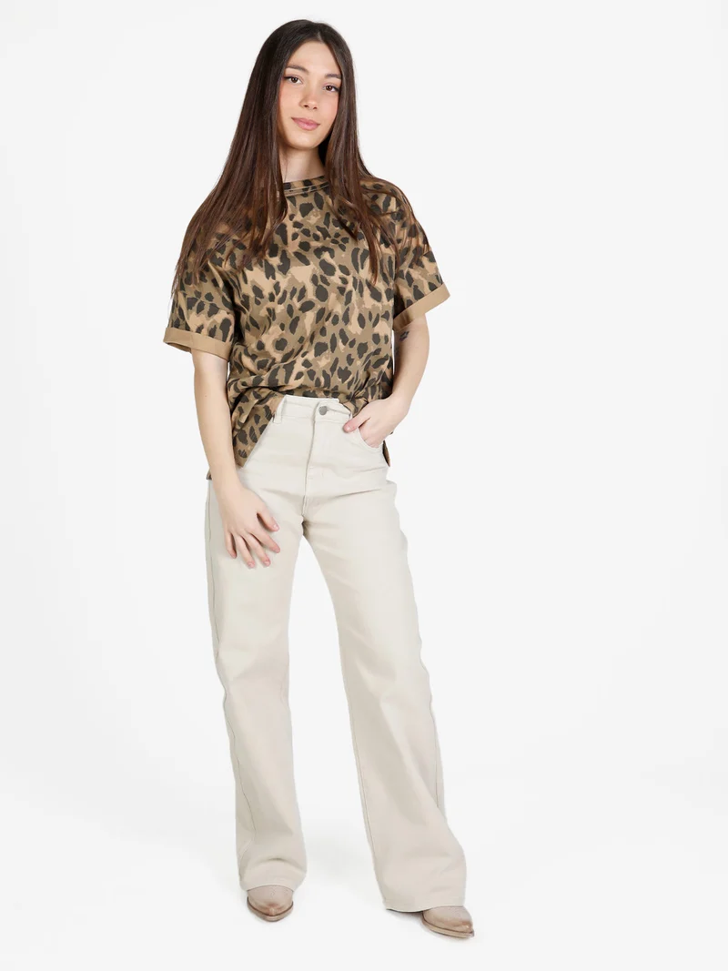 T-shirt donna ovesize con stampa animalier - khaki