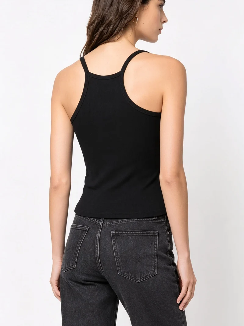 Top donna a coste con spalline strette e scollo vogatore - nero