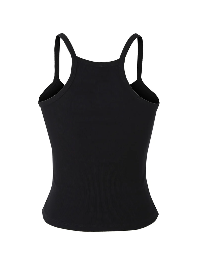 Top donna a coste con spalline strette e scollo vogatore - nero