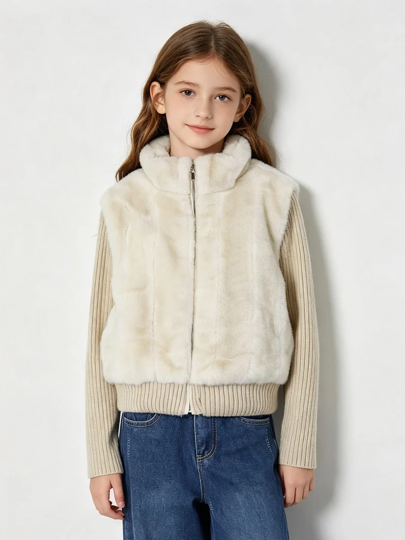 Giubbotto da bambina in ecopelliccia con maniche in maglia - beige