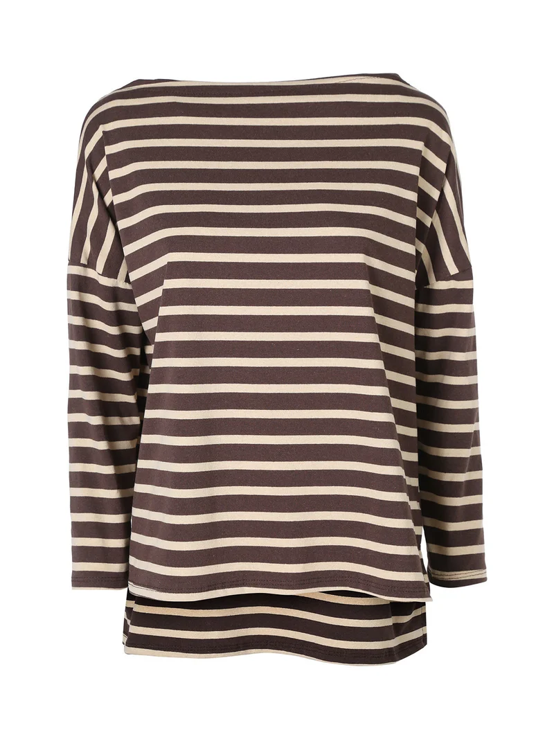 T-shirt donna oversize a maniche lunghe con stampa a righe - beige
