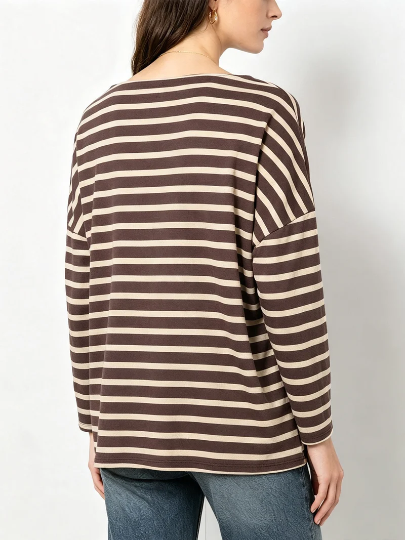 T-shirt donna oversize a maniche lunghe con stampa a righe - beige