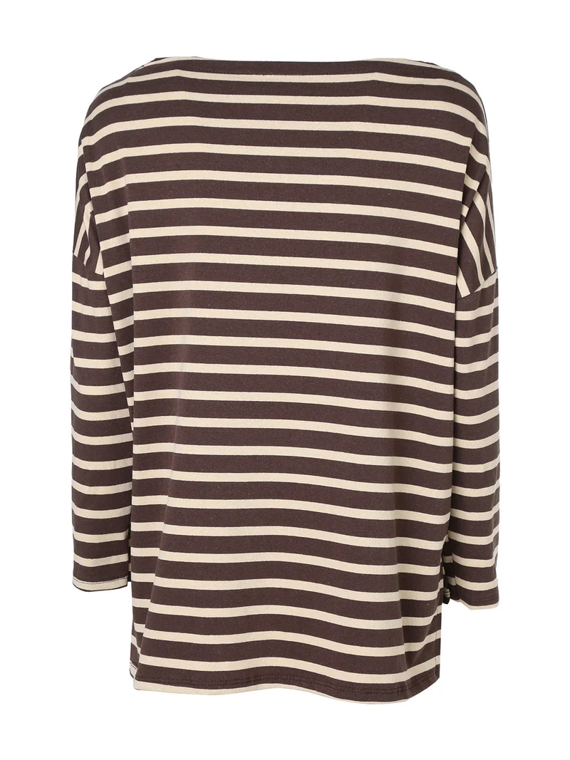 T-shirt donna oversize a maniche lunghe con stampa a righe - beige