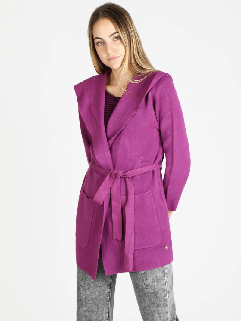 Spolverino donna in maglia con cappuccio e cintura - fucsia