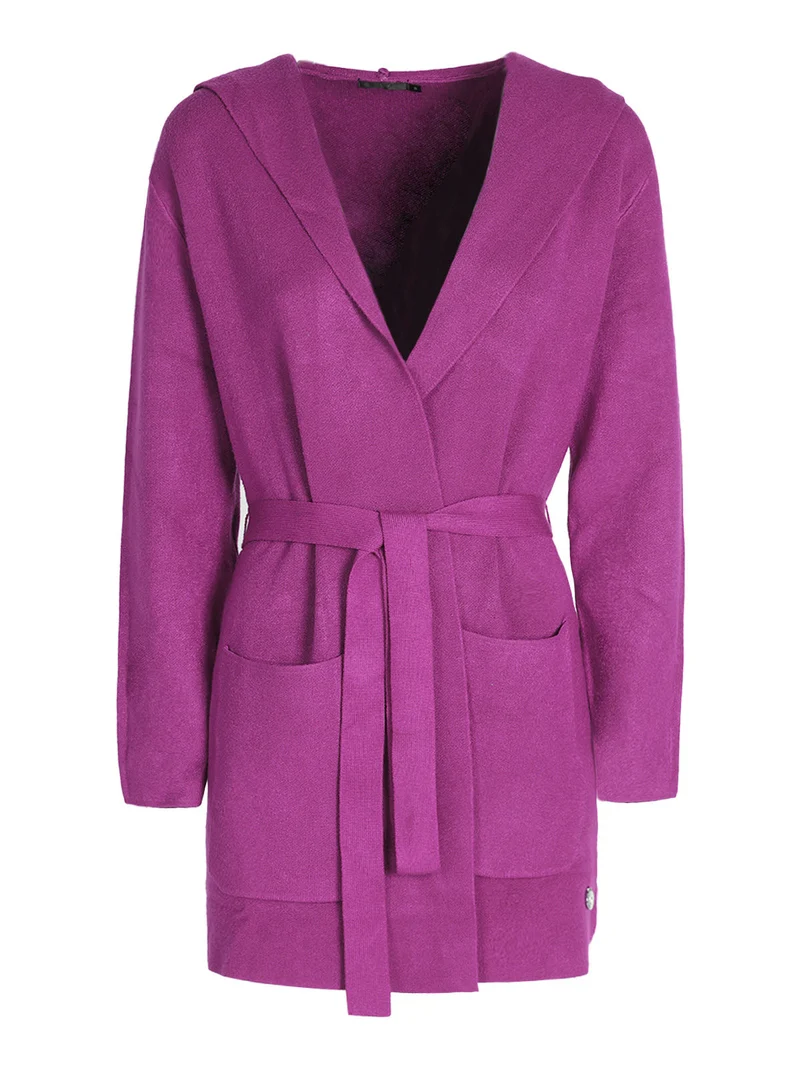 Spolverino donna in maglia con cappuccio e cintura - fucsia