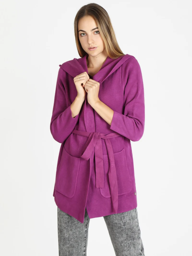 Spolverino donna in maglia con cappuccio e cintura - fucsia