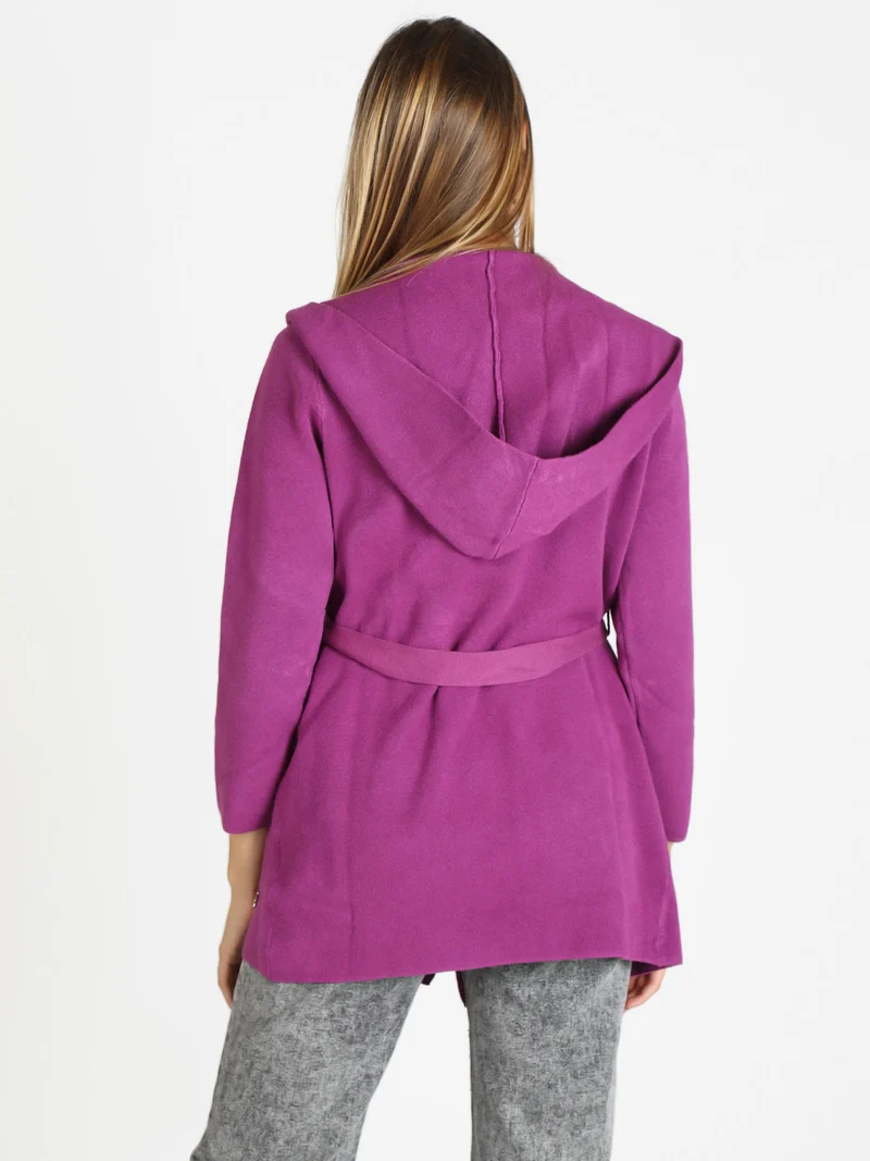 Spolverino donna in maglia con cappuccio e cintura - fucsia